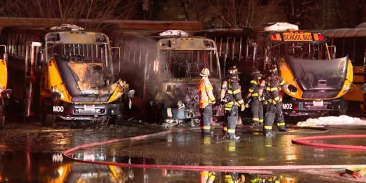 Crews attack four school buses up in flames