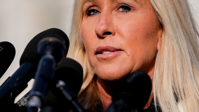 Rep. Marjorie Taylor Greene, R-Ga., speaks during a news conference on the Epstein Files...