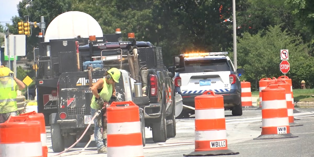 Construction stops traffic on Memorial Drive in Chicopee