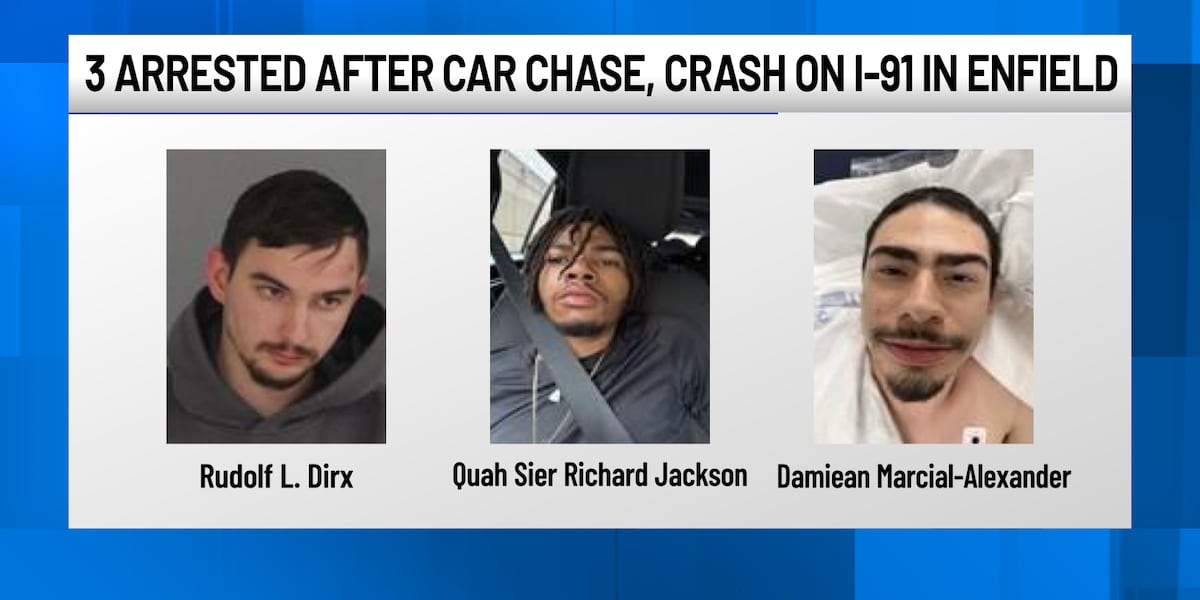 3 arrested after stolen car chase ends in crash on I-91 in Enfield