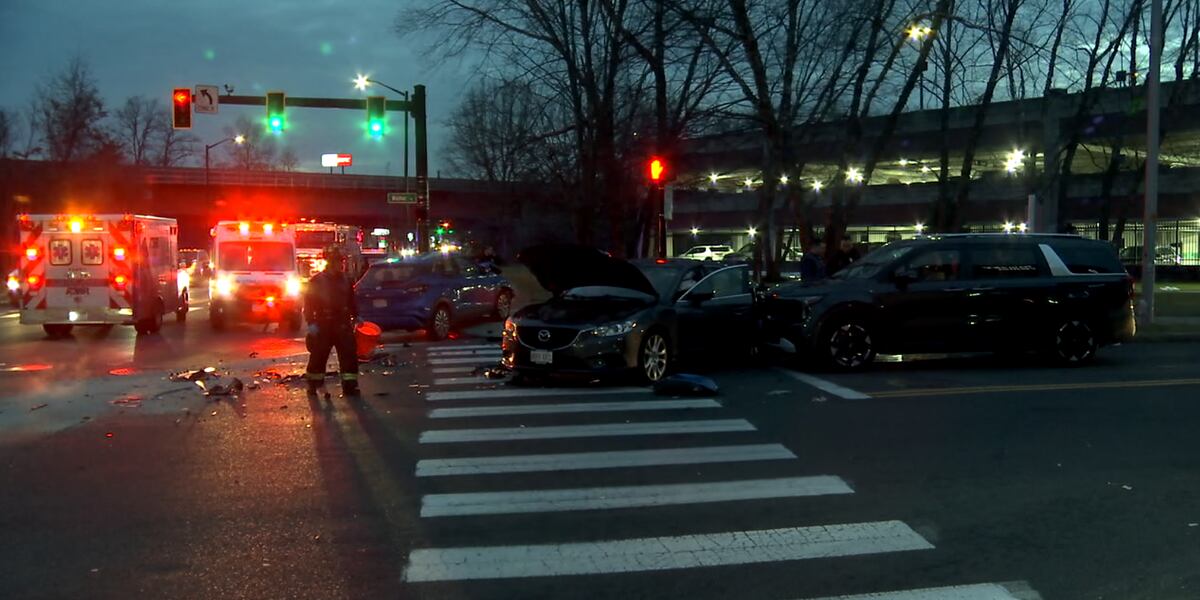 Person hospitalized following multi-vehicle crash