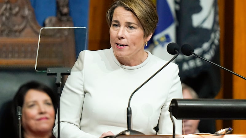 FILE - Massachusetts Gov. Maura Healey delivers her inaugural address in the House Chamber at...