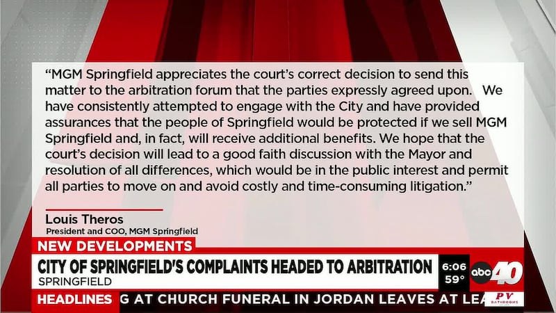 Springfield's Host Community Agreement complaints with MGM Springfield headed to arbitration